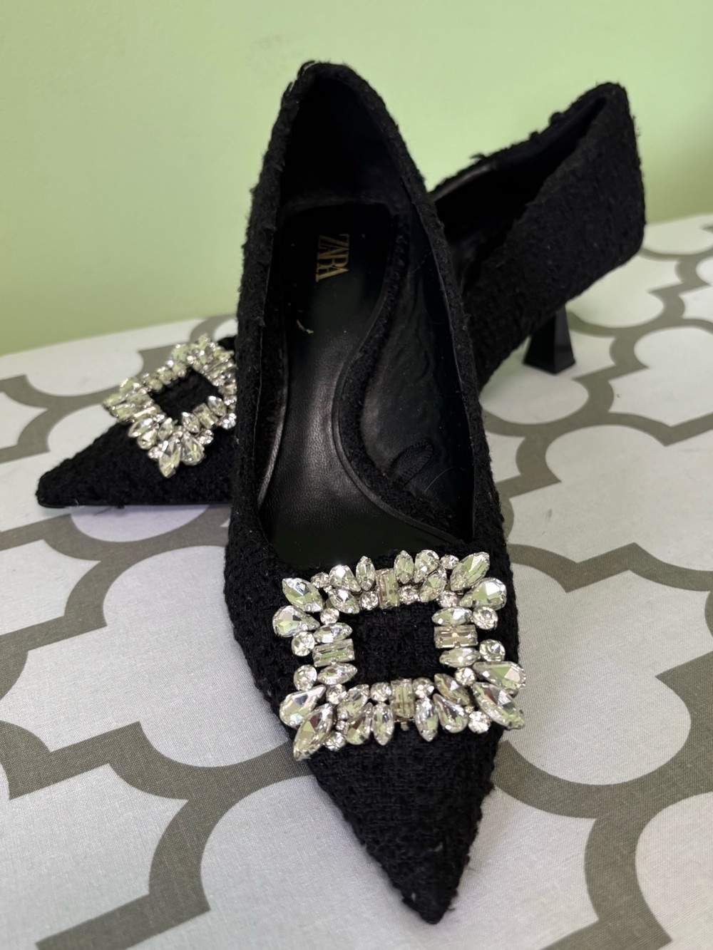 Zara Black Textured Crystal Embellished Buckle Pointed-Toe Pumps - Picture 3 of 13